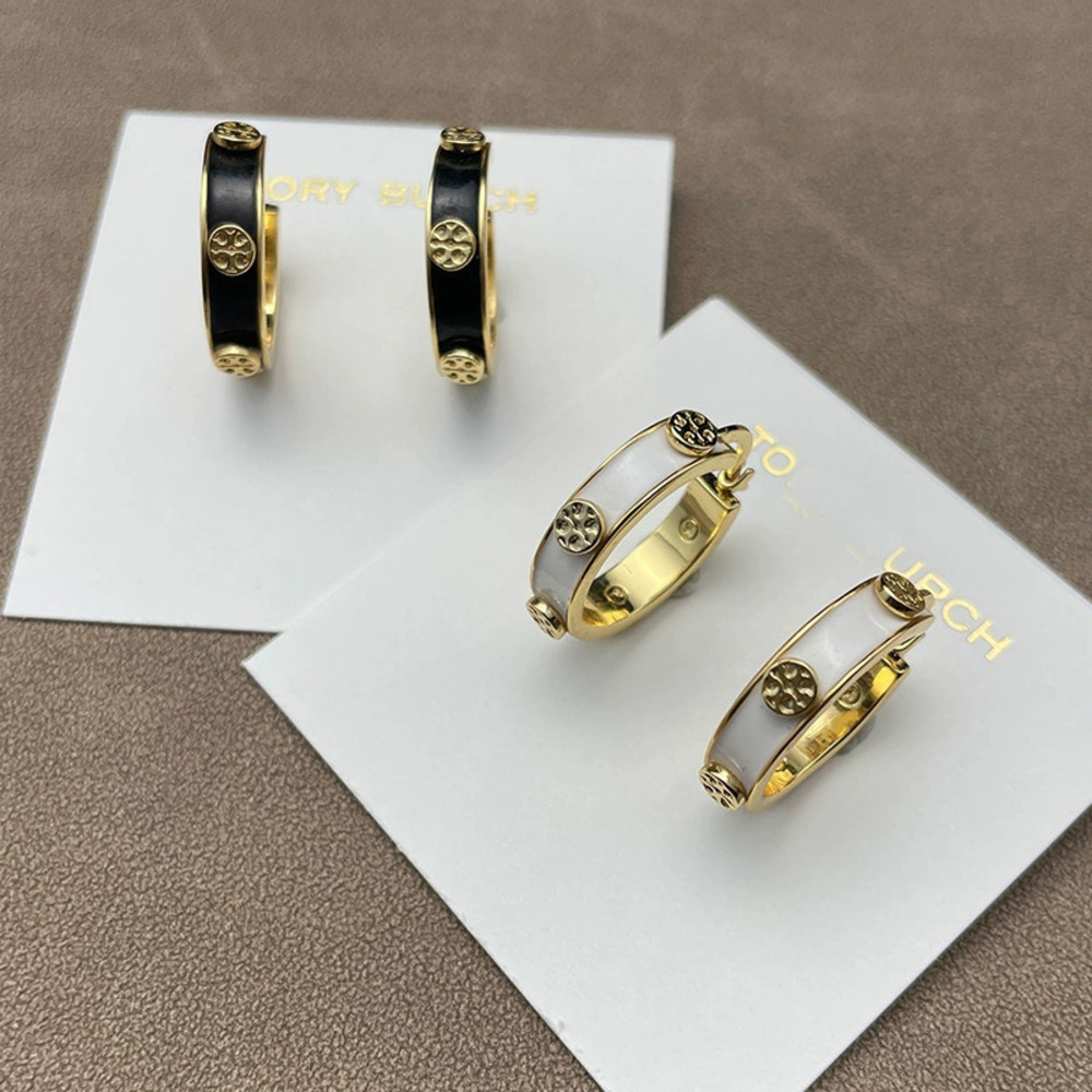 Tory Burch Gold Plated Double Circle Enamel Hoop Earrings